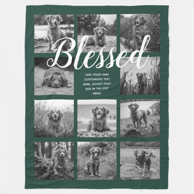 Personalised 11 Photo Collage BLESSED Dark Green Fleece Blanket (Front)