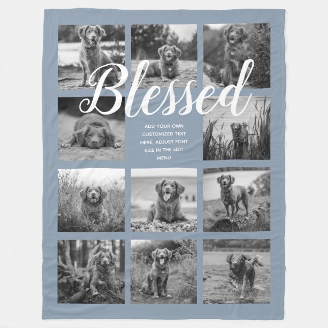 Personalised 11 Photo Collage BLESSED Dusty Blue Fleece Blanket (Front)