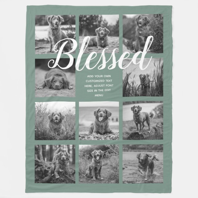 Personalised 11 Photo Collage BLESSED Dusty Green Fleece Blanket (Front)