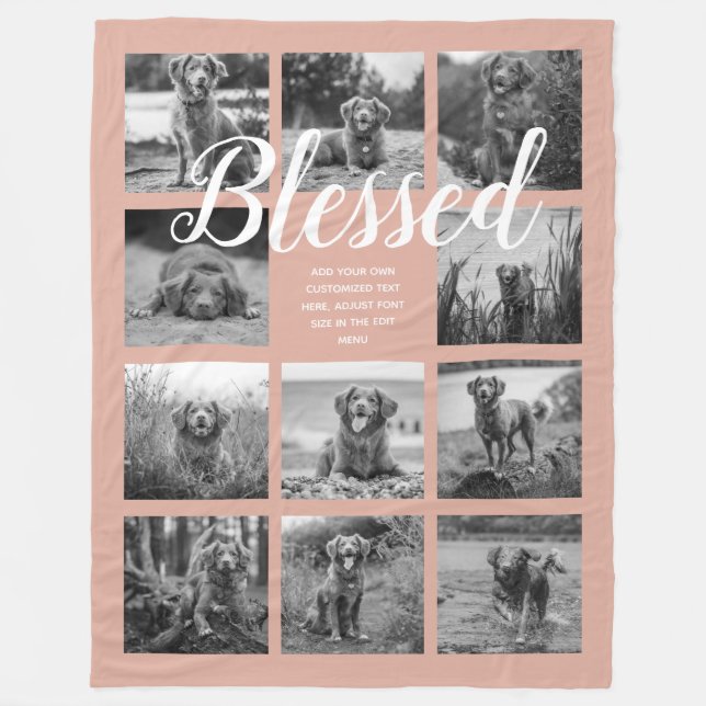 Personalised 11 Photo Collage BLESSED Dusty Pink Fleece Blanket (Front)