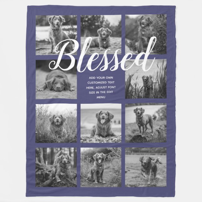 Personalised 11 Photo Collage BLESSED Navy Blue Fleece Blanket (Front)