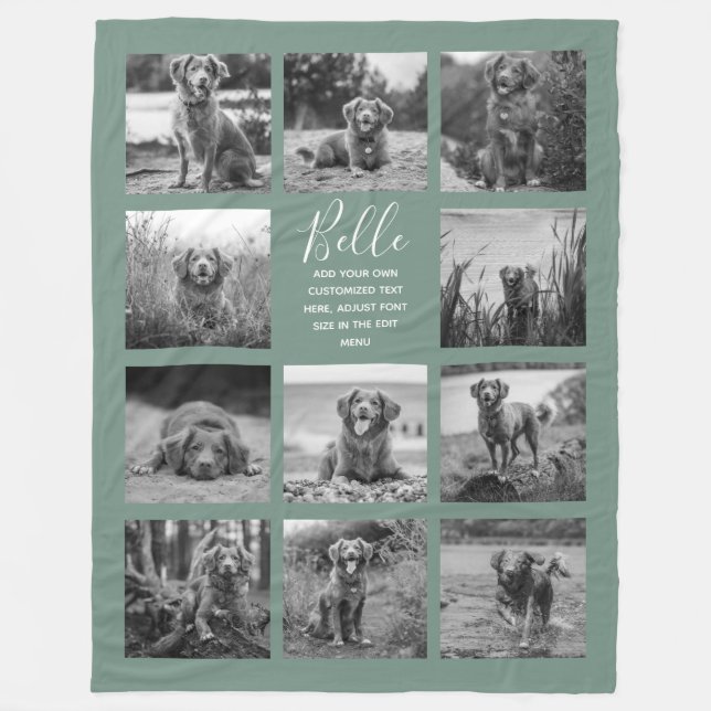Personalised 11 Photo Collage Dusty Green Fleece Blanket (Front)