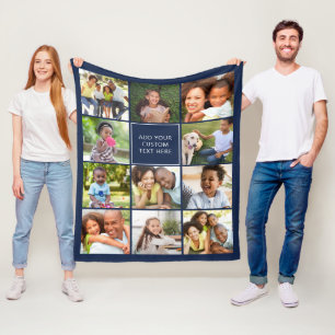 Personalised 11 Photo Collage Navy Blue Fleece Blanket
