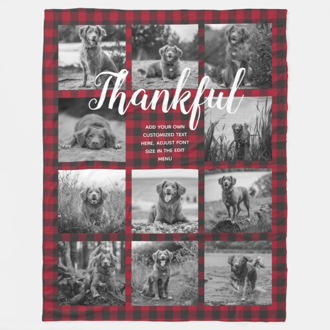 Personalised 11 Photo Collage THANKFUL Red Plaid Fleece Blanket (Front)