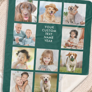 Personalised 11 Photo Collage Trendy Emerald Green Sherpa Blanket