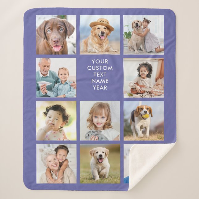 Personalised 11 Photo Collage Trendy Periwinkle Sherpa Blanket (Front)