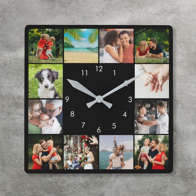Personalised 12 Family Photo Collage Black Square Wall Clock (Personalized 12 Family Photo Collage Black Square Wall Clock)