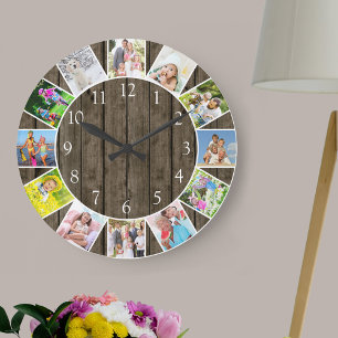 Personalised 12 Photo Collage Dark Wood Round Large Clock