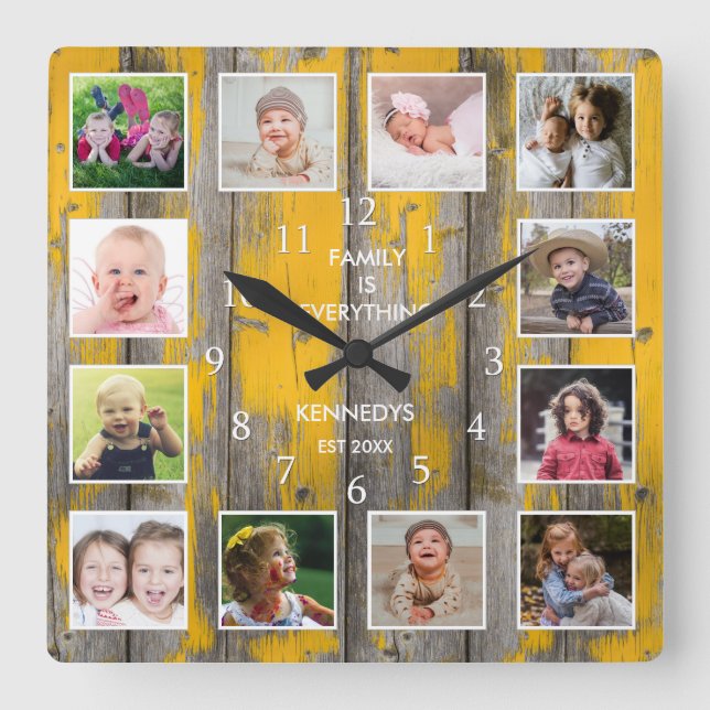 Personalised 12 Photo Collage Distressed Wood Square Wall Clock (Front)