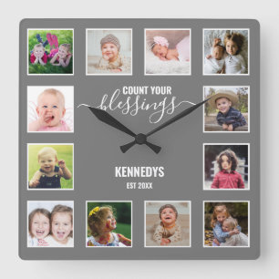 Personalised 12 Photo Collage Family Blessing Grey Square Wall Clock