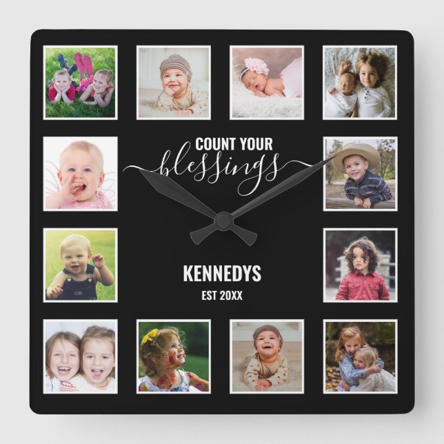 Personalised 12 Photo Collage Family Blessing Square Wall Clock (Front)