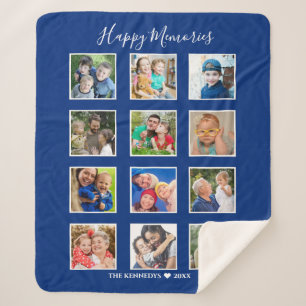 Personalised 12 Photo Collage Family Name Blue  Sherpa Blanket