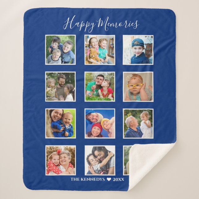 Personalised 12 Photo Collage Family Name Blue  Sherpa Blanket (Front)