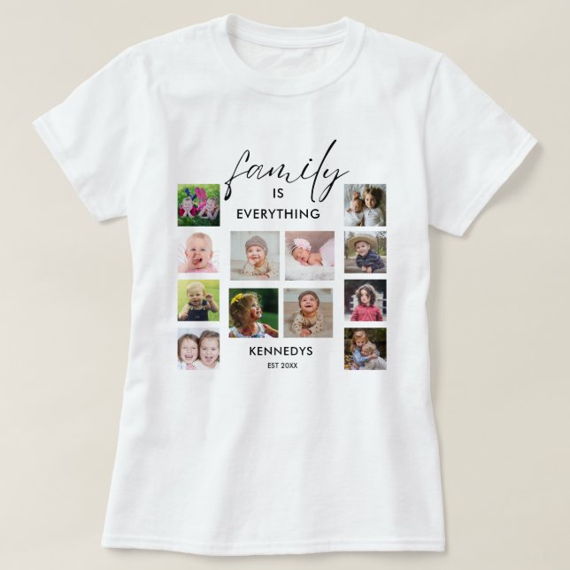 Personalised  12 Photo Collage Family Name Quote T-Shirt (Design Front)