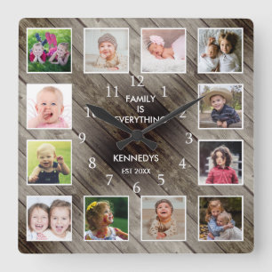 Personalised 12 Photo Collage Farmhouse Barn Wood Square Wall Clock