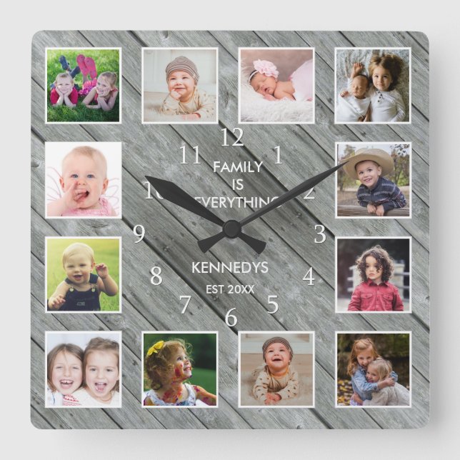 Personalised 12 Photo Collage Farmhouse Grey Wood Square Wall Clock (Front)