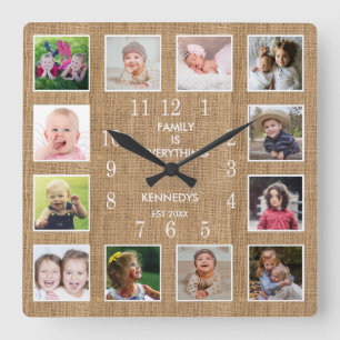 Personalised 12 Photo Collage Frame Rustic Burlap Square Wall Clock