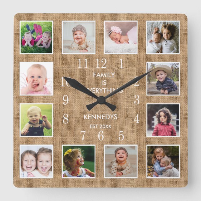 Personalised 12 Photo Collage Frame Rustic Burlap Square Wall Clock (Front)