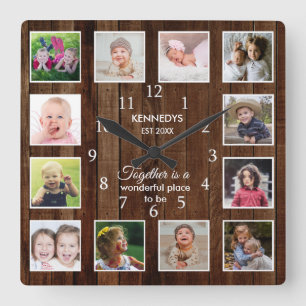 Personalised 12 Photo Collage Quote Brown Wood   Square Wall Clock