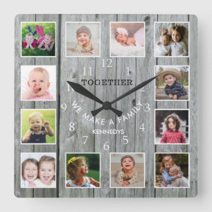 Personalised 12 Photo Collage Quote Grey Wood Square Wall Clock