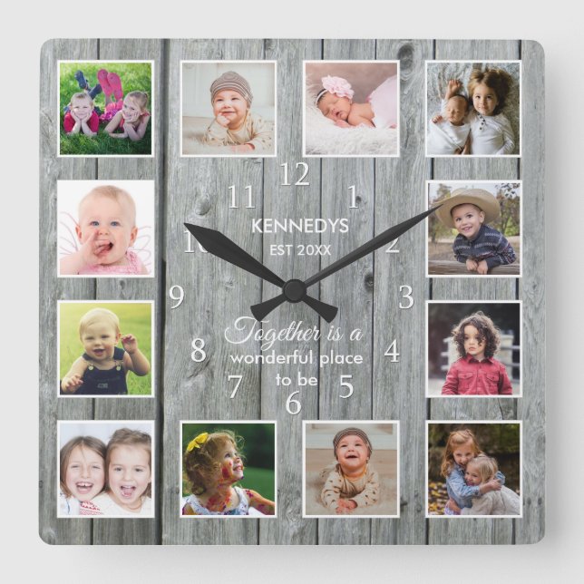 Personalised 12 Photo Collage Quote Grey Wood Square Wall Clock (Front)