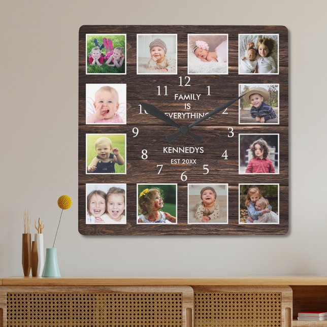 Personalised 12 Photo Collage Rustic Barn Wood Square Wall Clock (Creator Uploaded)