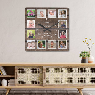 Personalised 12 Photo Collage Rustic Brown Wood Square Wall Clock