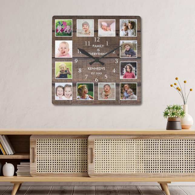 Personalised 12 Photo Collage Rustic Brown Wood Square Wall Clock (Personalized 12 Photo Collage Rustic Brown Wood Square Wall Clock)