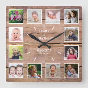 Personalised 12 Photo Collage Rustic Brown Wood Square Wall Clock