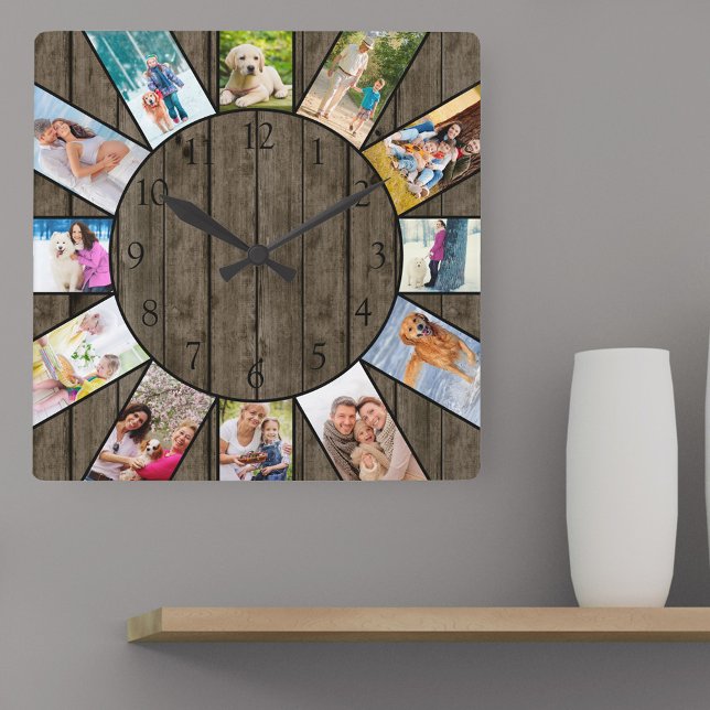 Personalised 12 Photo Collage Rustic Dark Wood Square Wall Clock (Photo clock with 12 photos, one at each hour. Great design for your home or a thoughtful photo gift.)