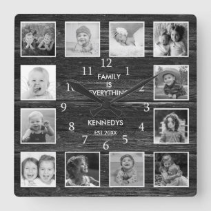 Personalised 12 Photo Collage Rustic Farmhouse Square Wall Clock