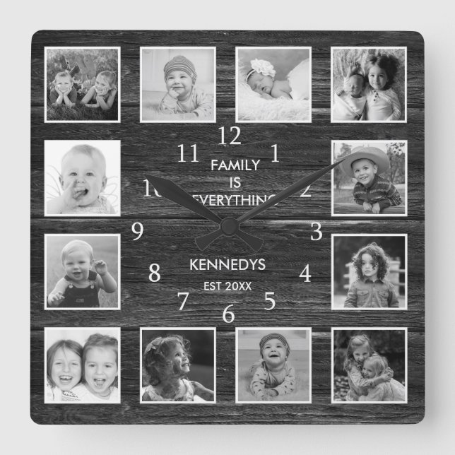 Personalised 12 Photo Collage Rustic Farmhouse Square Wall Clock (Front)