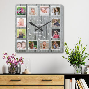 Personalised 12 Photo Collage Rustic Grey Wood Square Wall Clock