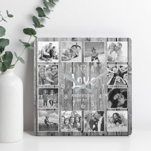 Personalised 12 Photo Collage Rustic Grey Wood Square Wall Clock