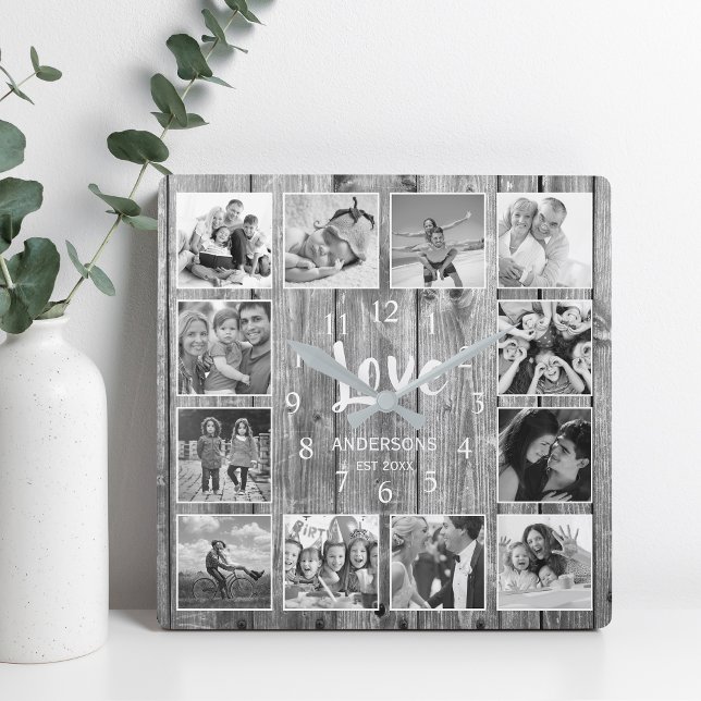 Personalised 12 Photo Collage Rustic Grey Wood Square Wall Clock (Creator Uploaded)