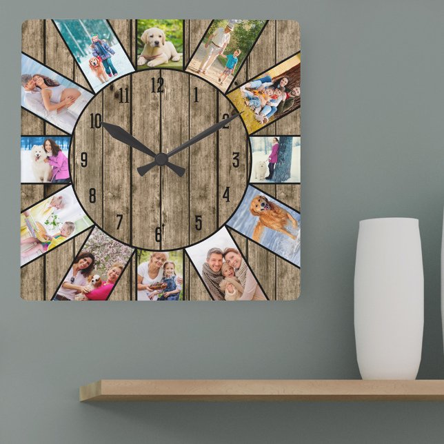 Personalised 12 Photo Collage Rustic Natural Wood Square Wall Clock (Photo clock with 12 photos, one at each hour. Great design for your home or a thoughtful photo gift.)