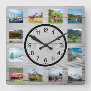 Personalised 12 Photo Collage Rustic Nature Square Wall Clock