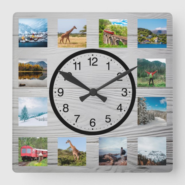 Personalised 12 Photo Collage Rustic Nature Square Wall Clock (Front)