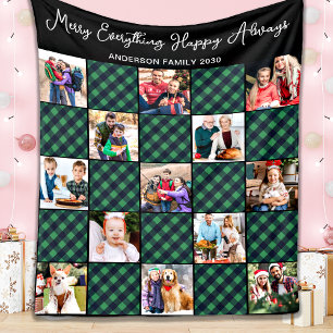 Personalised 13 Photo Collage Green Plaid Quilt Fleece Blanket