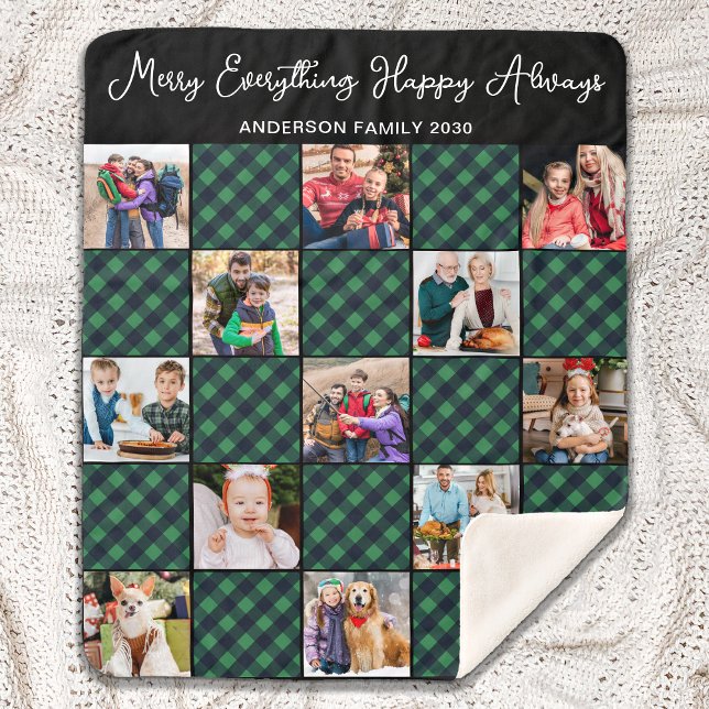 Personalised 13 Photo Collage Green Plaid Quilt  Sherpa Blanket (Creator Uploaded)