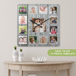 Personalised 13 Photo Collage Rustic Grey Wood   Square Wall Clock