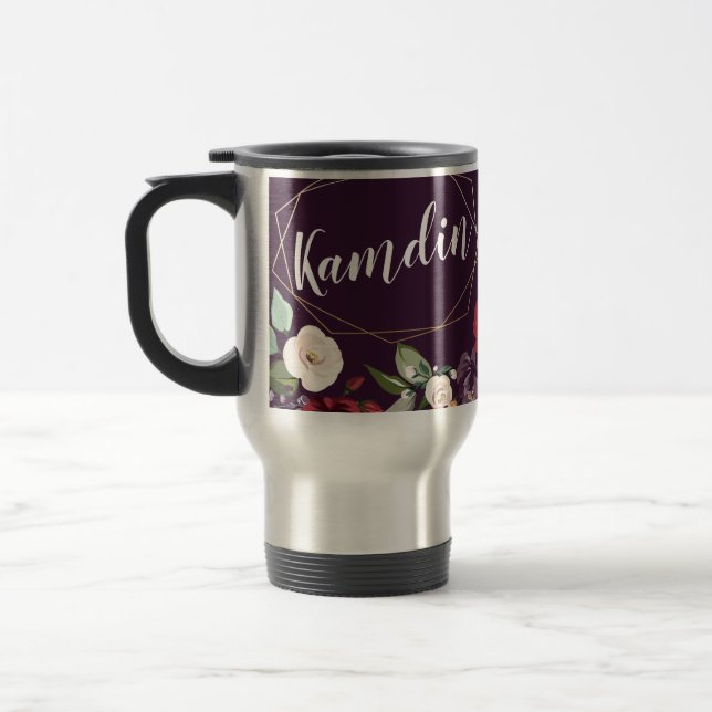 Personalised 15 ounce coffee mug Plum Purple Roses (Left)