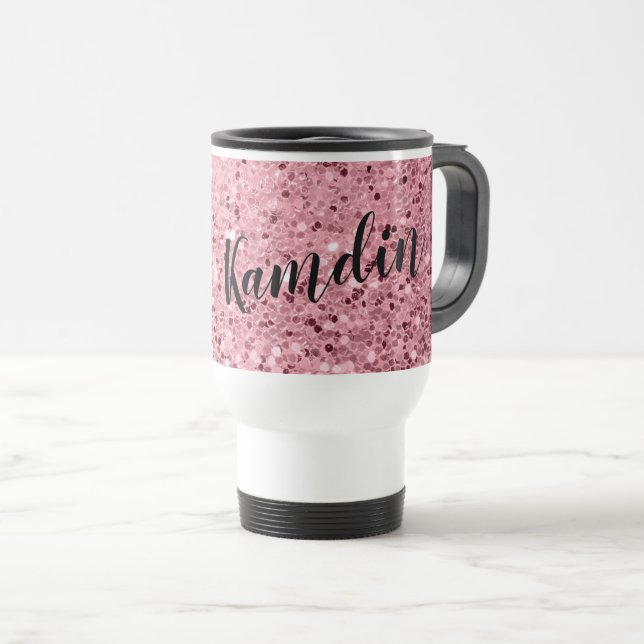Personalised 15 ounce coffee mug Rose Gold Glitter (Front Right)
