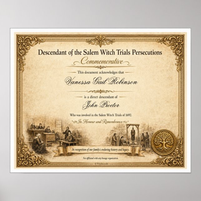 Personalised 1692 Salem Witch Trials Descendant Poster (Front)