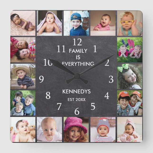 Personalised 16 Photo Collage Frame Chalkboard Square Wall Clock (Front)