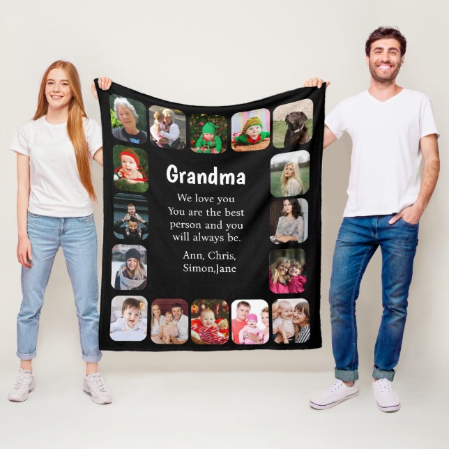 Personalised 16 Photo Collage Grandma Black Fleece Blanket (In Situ)