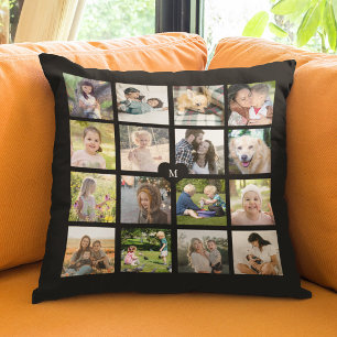 Personalised 16 photo collage monogram black cushion