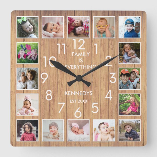 Personalised 16 Photo Collage Quote Rustic Wood   Square Wall Clock (Front)