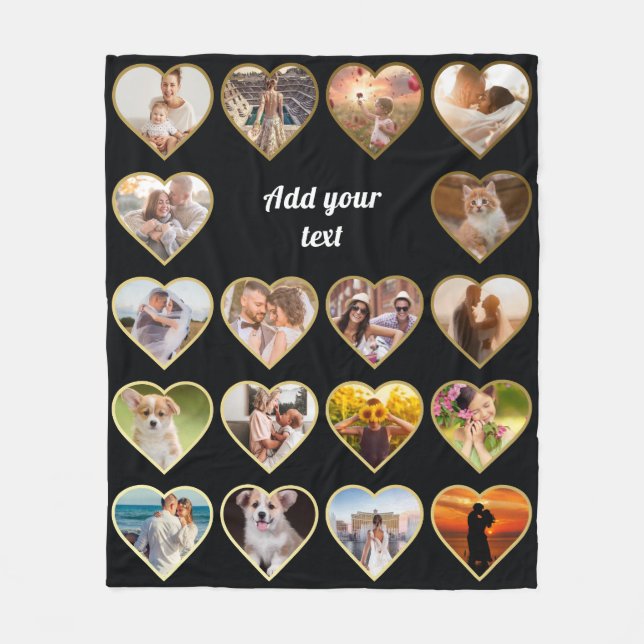 Personalised 18 Gold Heart Photo Collage Fleece Blanket (Front)