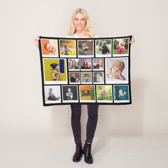 Personalised 18 Photo Collage Modern Trendy Black Fleece Blanket (In Situ)